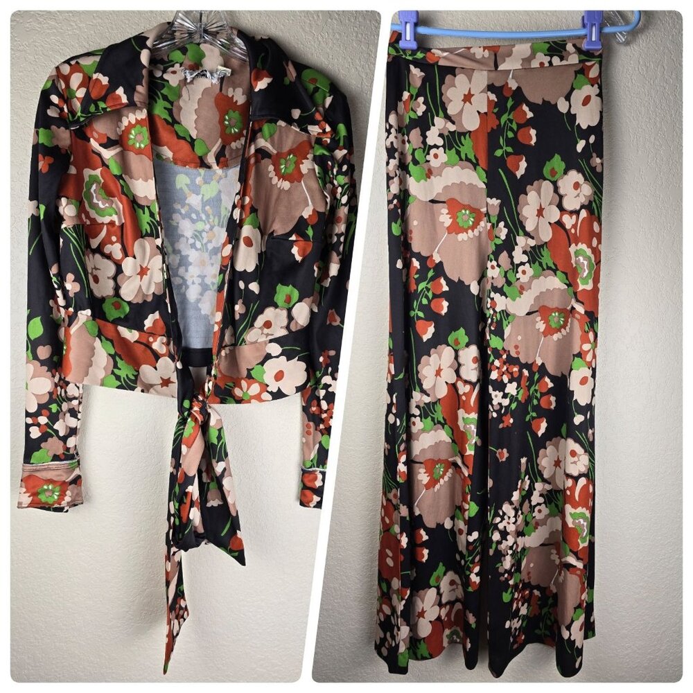 Vtg 60s XS 2 Pc SET Pants Sheer Crop Shirt Hi Waist Flares FLOWER‎ POWER Outfit